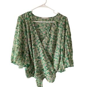 Haute Monde Green Floral Wrap Blouse L Bell Pleated Sleeve Tie Waist Top